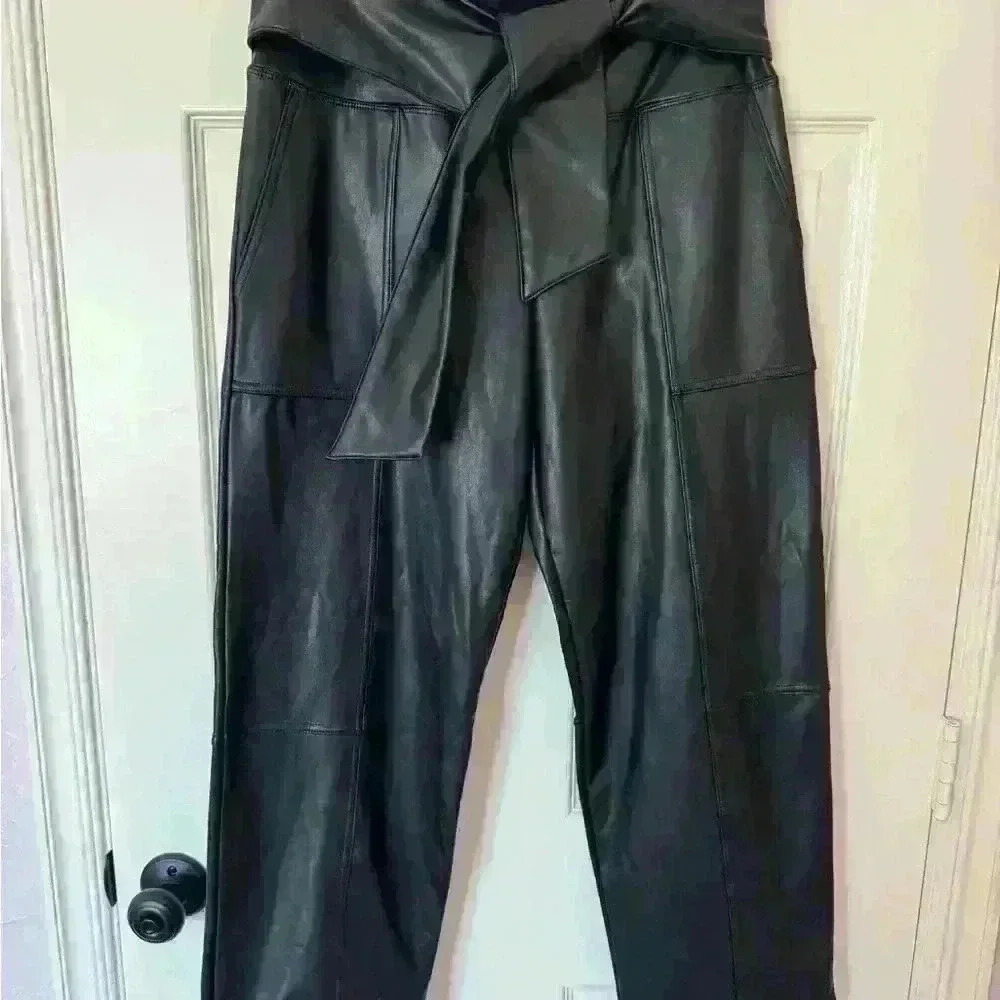 Nicole Miller New York. Straight Leg, Tie Waisted, Faux Leather Pant, belted - Picture 2 of 4